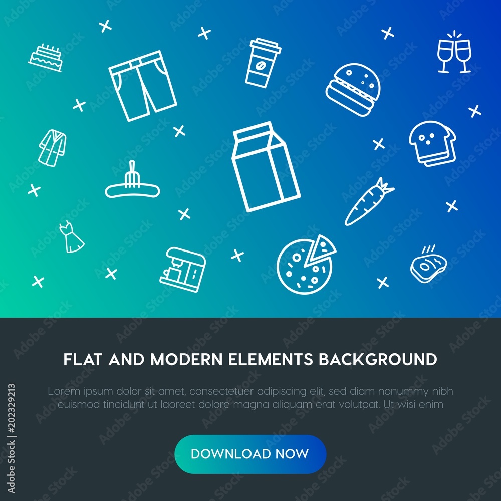 Fotografie food, clothes, drinks outline vector icons and elements background concept on gradient background
