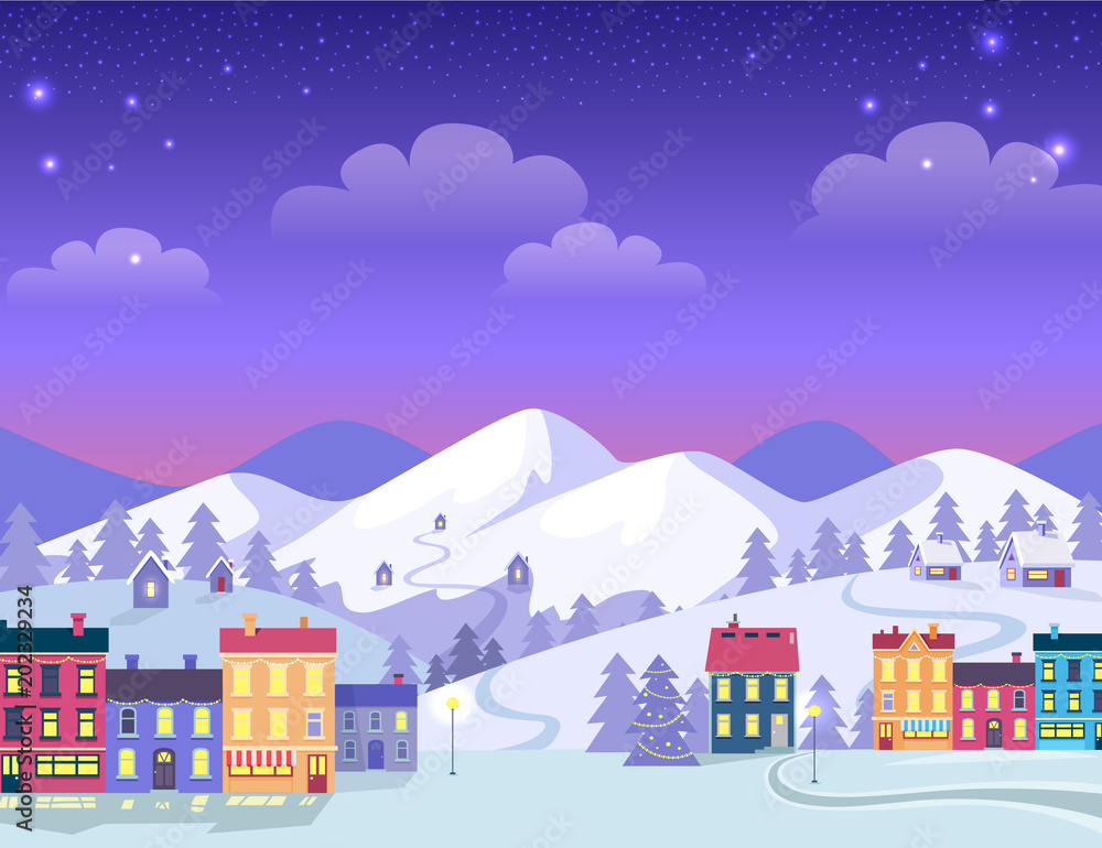 Christmas Town with Decorated Houses and Hills Christmas Town with Decorated Houses and Hills