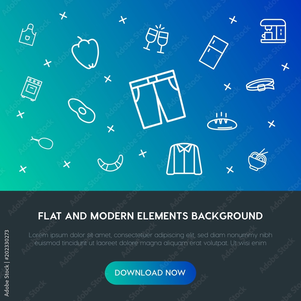 Fotografie food, clothes, drinks outline vector icons and elements background concept on gradient background