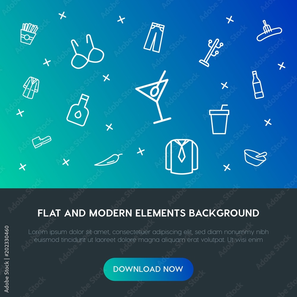 Fotografie food, clothes, drinks outline vector icons and elements background concept on gradient background