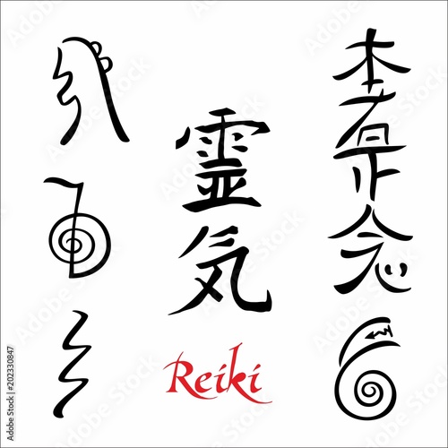 Reiki.  The sacred signs. Hieroglyphs.  Spiritual energy. Alternative medicine. Esoteric. Vector.