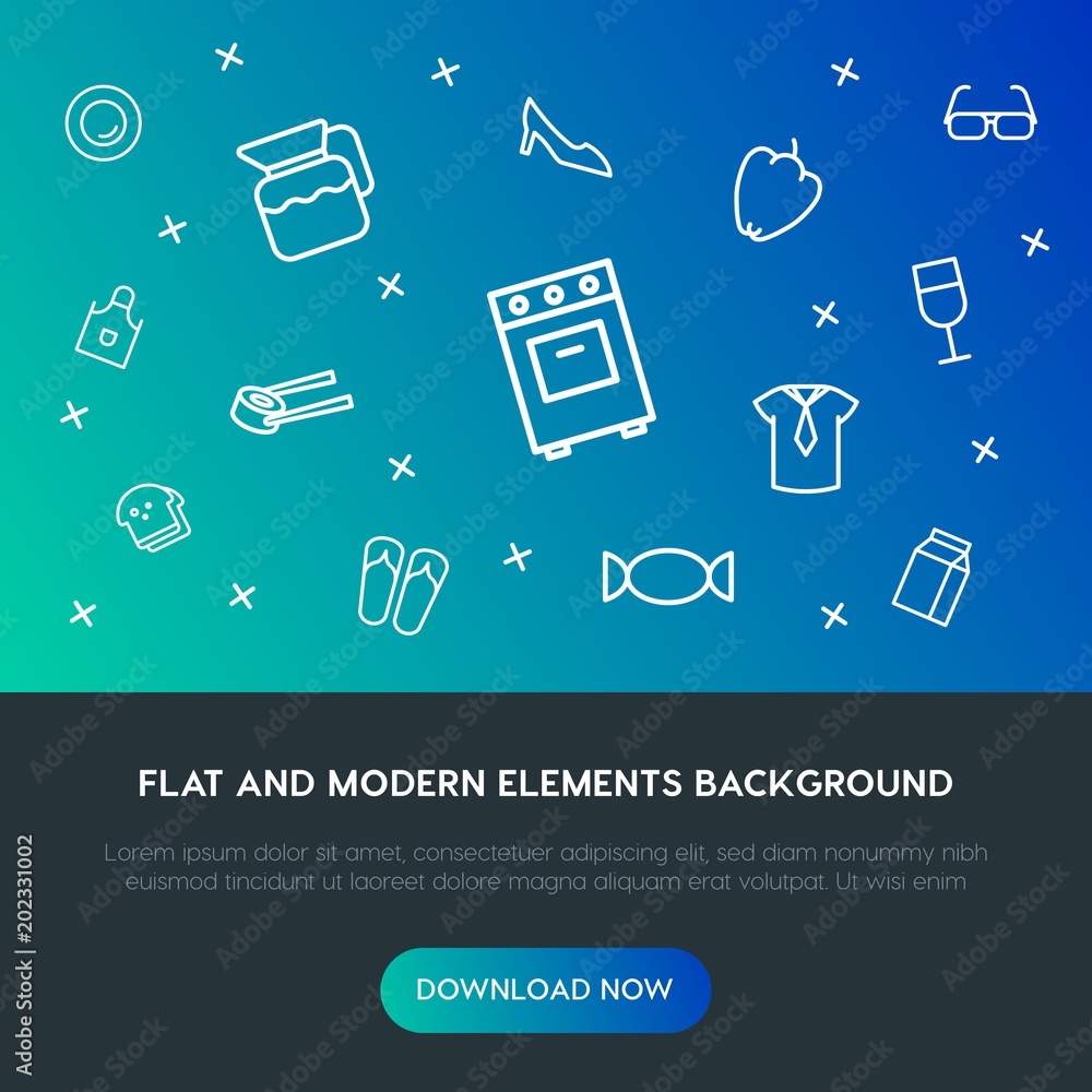 Foto food, clothes, drinks outline vector icons and elements background concept on gradient background