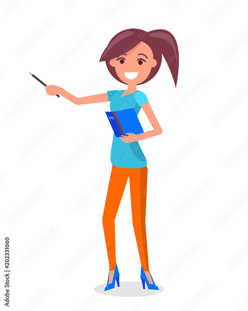 Smiling Woman Guide with Pointer and Notebook
