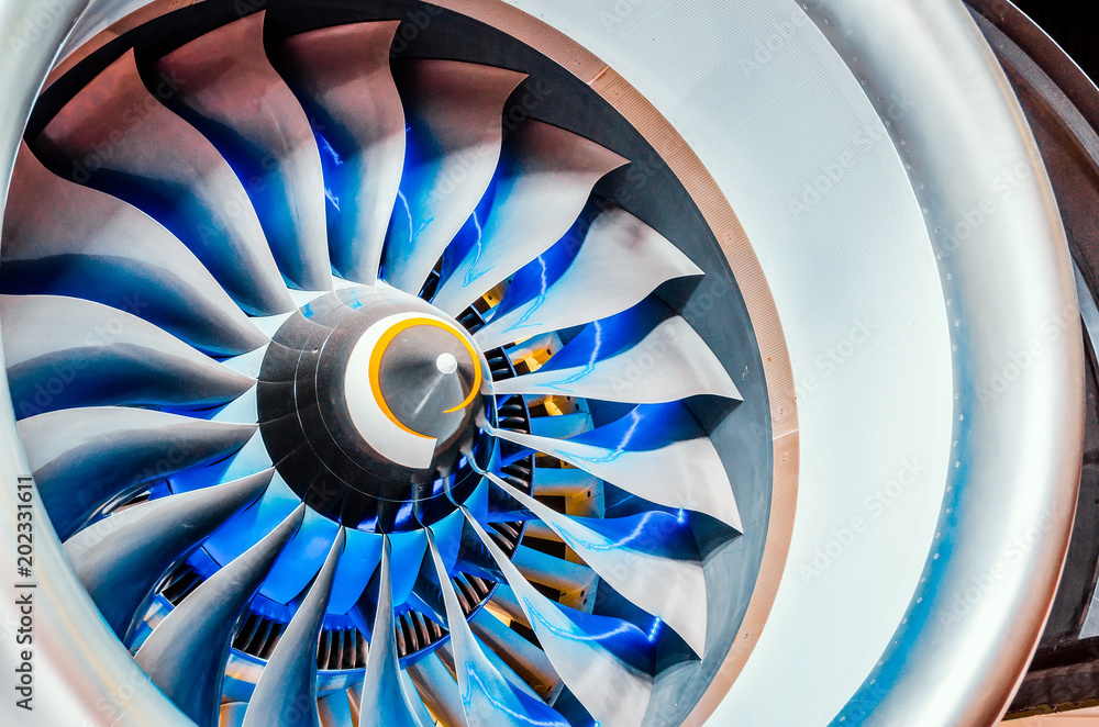 Φωτογραφία Close up of turbojet of aircraft turbine engine civil.