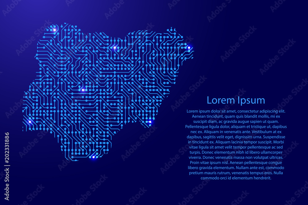 Map Nigeria from printed board, chip and radio component with blue star space on the contour for banner, poster, greeting card, of vector illustration.