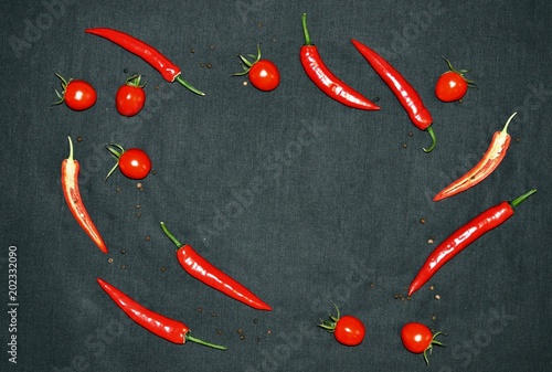 Hot chilli, pepper and cherry tomatoes on black background, top view, minimalist roundly style, copy space photo