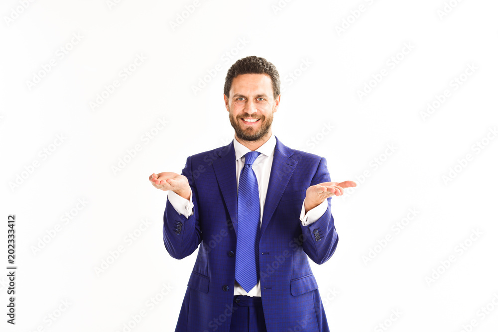 Businessman presenting something on his open palms. Businessman presenting something on his open palms.