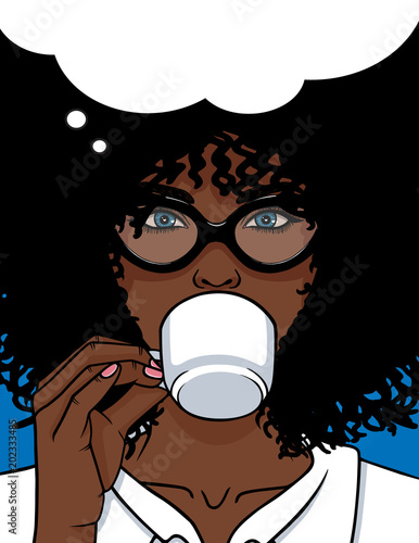 Vector illustration of African American type woman face with glasses and curly hair. Beautiful girl drinking a coffee