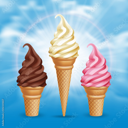 Set of realistic ice cream cones on blue sky background. Vector Illustration
