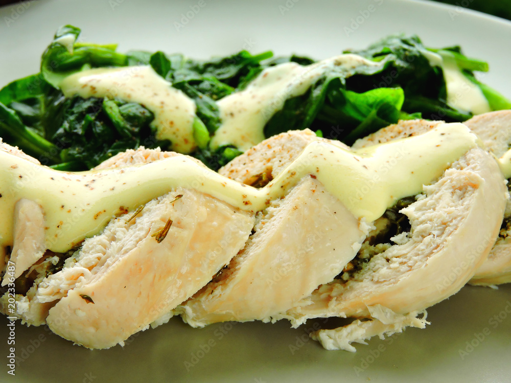 Juicy chicken roll with greens and spinach. Useful and nutritious lunch. Protein food. Keto diet. Juicy chicken roll with greens and spinach. Useful and nutritious lunch. Protein food. Keto diet.