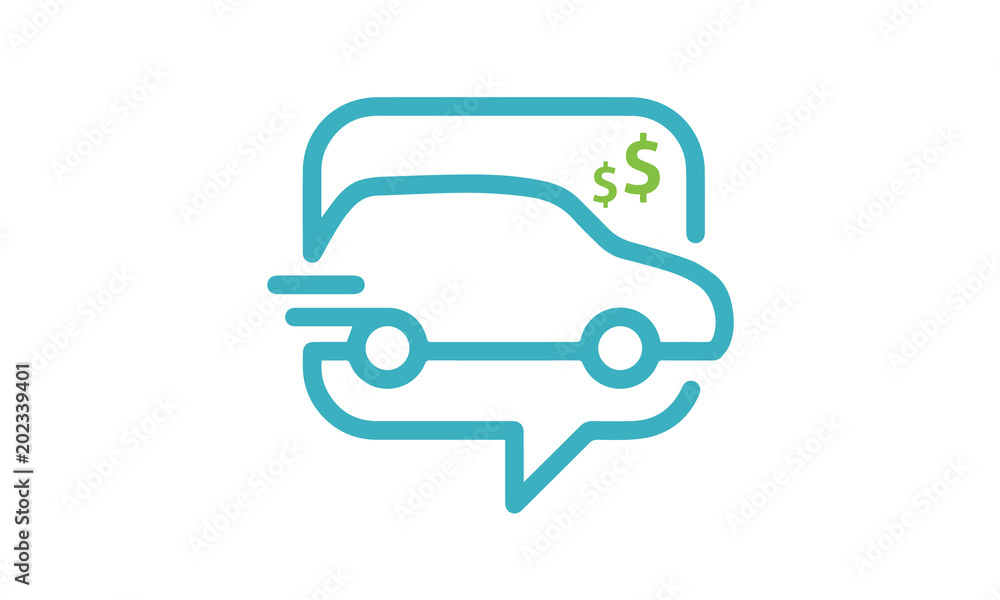 Buy New Car Online, Vehicle Shop Store with Bubble Chat Dollars logo design vector