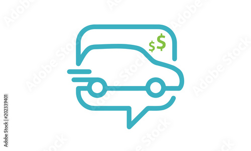 Buy New Car Online, Vehicle Shop Store with Bubble Chat Dollars logo design vector