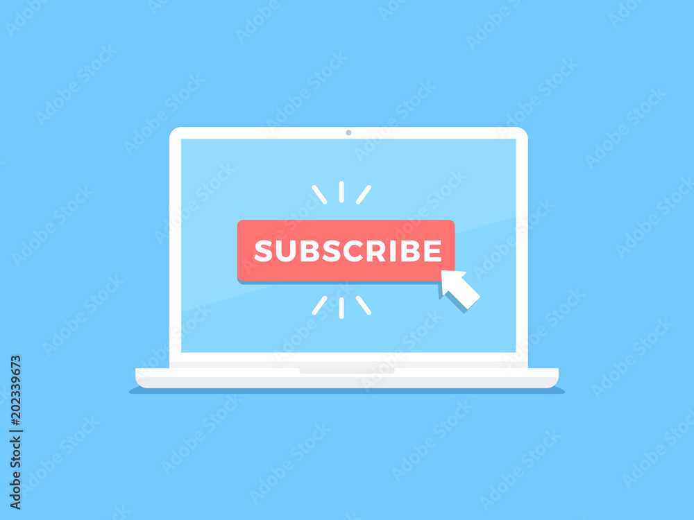 Laptop computer showing call to action subscribe button vector flat ...