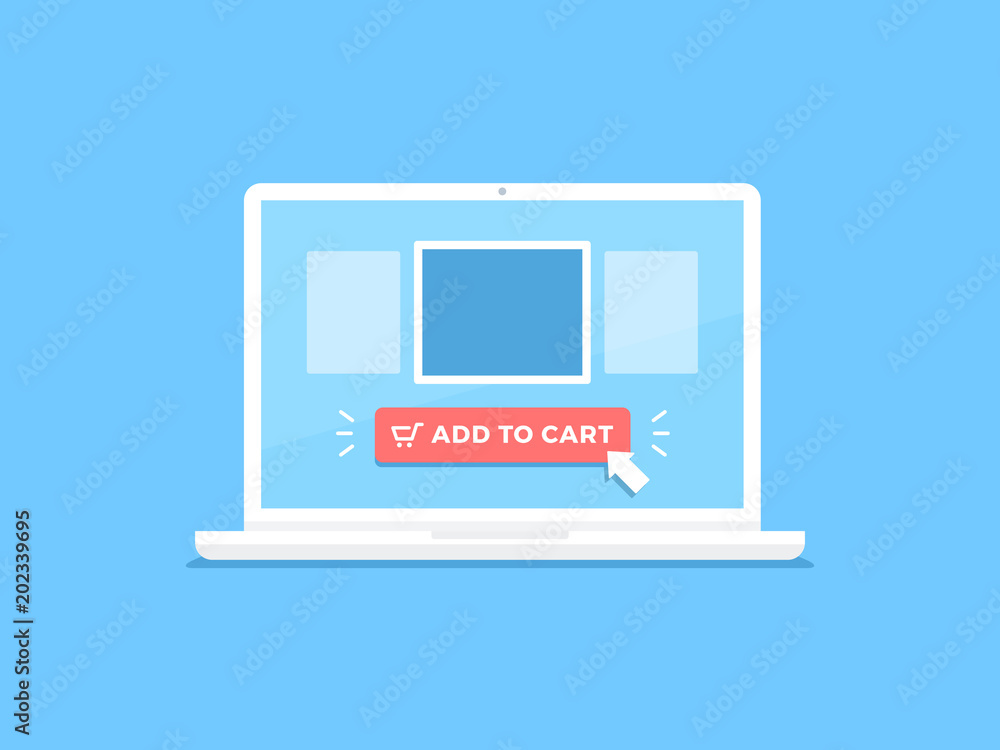 Laptop computer with purchase screen showing add to cart button vector flat illustration Laptop computer with purchase screen showing add to cart button vector flat illustration