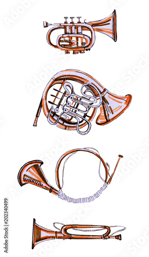 Hand drawn illustration set of stylized music instruments. Pipe, french horn and horn