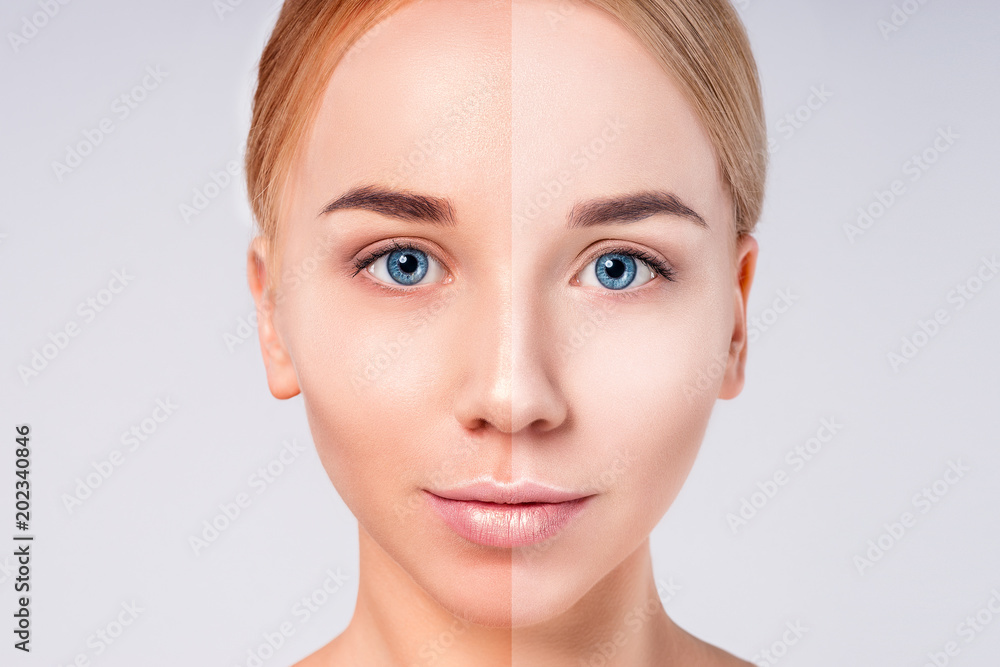 Woman face portrait with half tan skin. Beauty Portrait. Beautiful Spa model Girl with Perfect Fresh Clean Skin. Blonde female looking at camera. Youth and Skin Care Concept. Woman face portrait with half tan skin. Beauty Portrait. Beautiful Spa model Girl with Perfect Fresh Clean Skin. Blonde female looking at camera. Youth and Skin Care Concept.