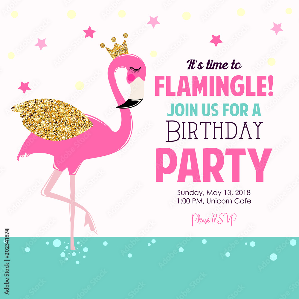 Naklejka premium Cute flamingo birthday party invite