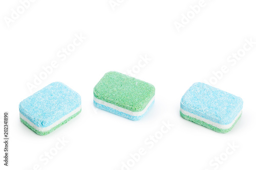 Dishwasher tablets on a white background