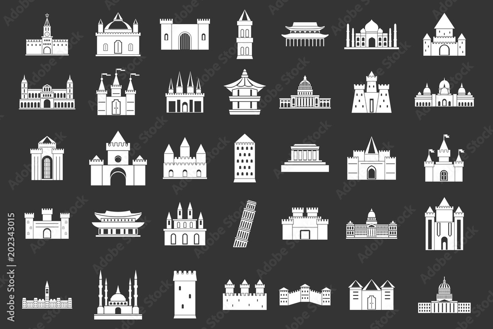 Castle icon set vector white isolated on grey background 