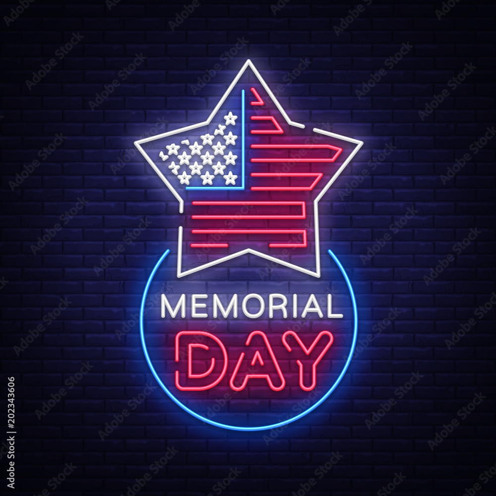 Happy Memorial Day neon sign. Neon signboard greeting card, light banner, night sign advertising celebration Memorial Day, USA Holiday. Vector illustration