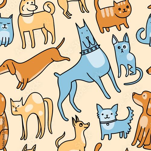 cat and dog2/Seamless pattern with cats and dogs. Cartoon background with funny pets. photo