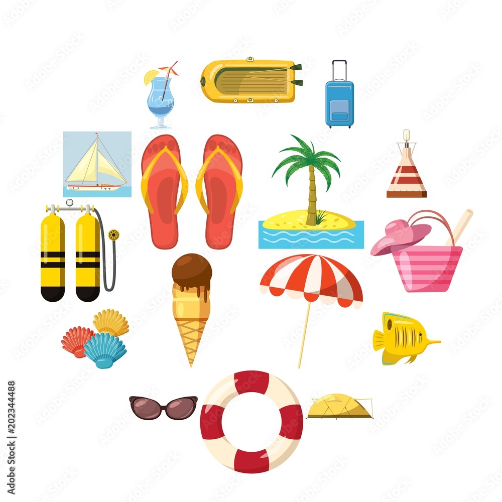 Travel Icons set in cartoon style isolated on white background