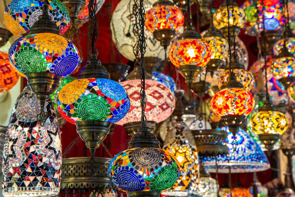 Multi-colored lamps hanging at the Grand Bazaar in Istanbul, Turkey
