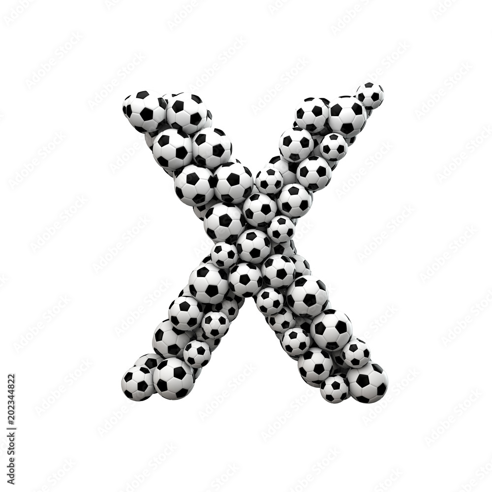 Capital letter X font made from a collection of soccer balls. 3D Rendering