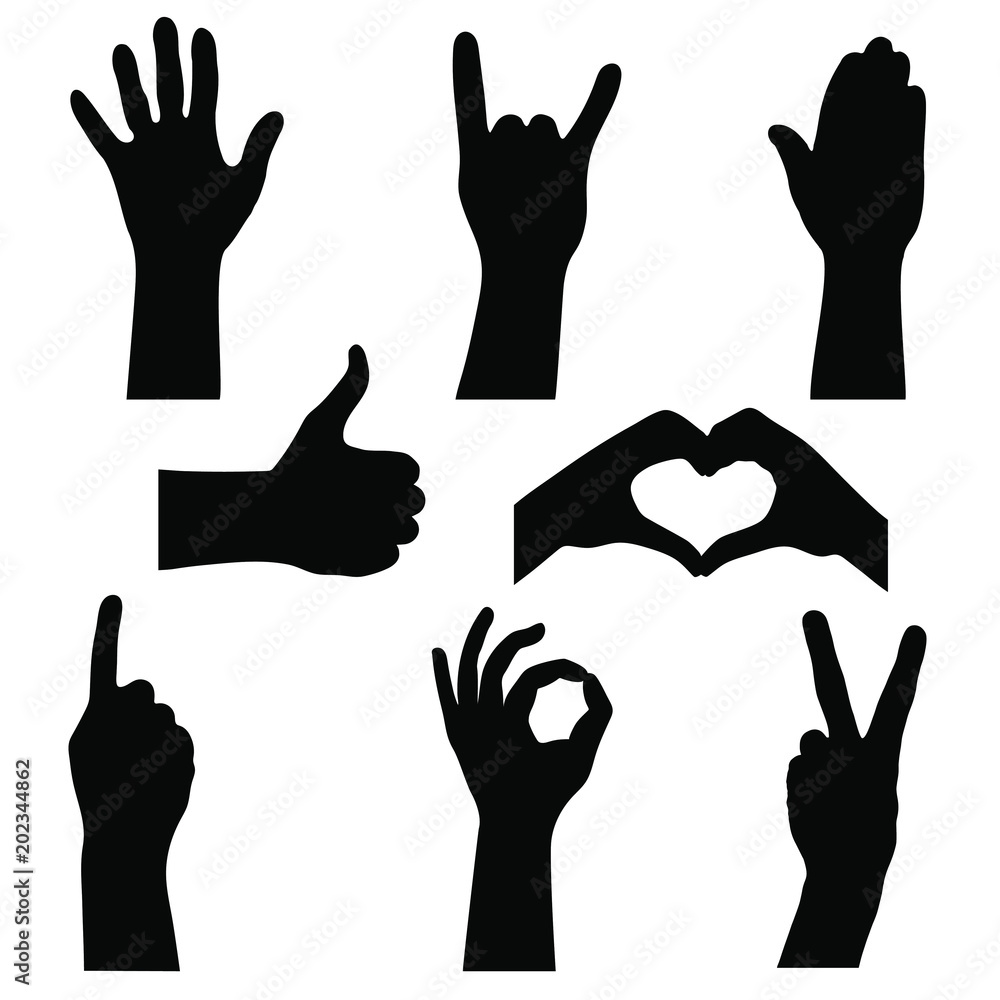 Hand gestures graphic icons set. Gestures arm signs isolated on white background. Silhouettes hands symbols. Vector illustration Hand gestures graphic icons set. Gestures arm signs isolated on white background. Silhouettes hands symbols. Vector illustration