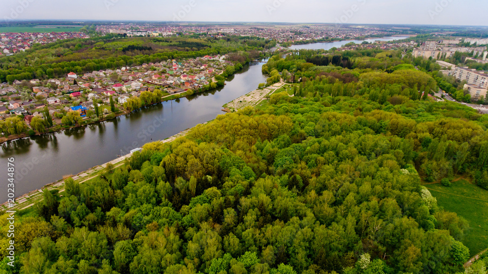 Beautiful scenery on the lake and city. Aerial view. Beautiful scenery on the lake and city. Aerial view.