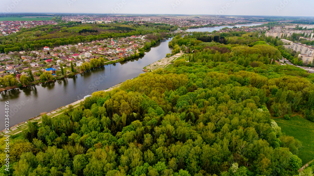 Beautiful scenery on the lake and city. Aerial view.