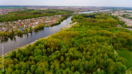 Beautiful scenery on the lake and city. Aerial view.