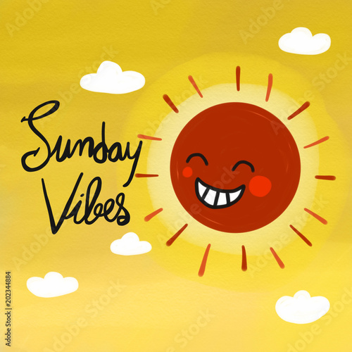 Sunday vibes word and red cute sun smile watercolor painting illustration photo