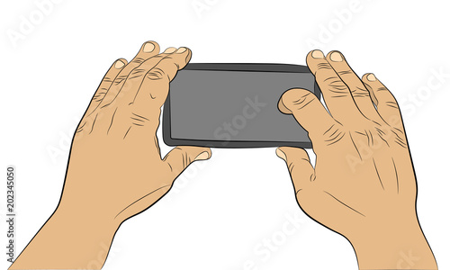 Hands holding smartphone and recording video vector drawing