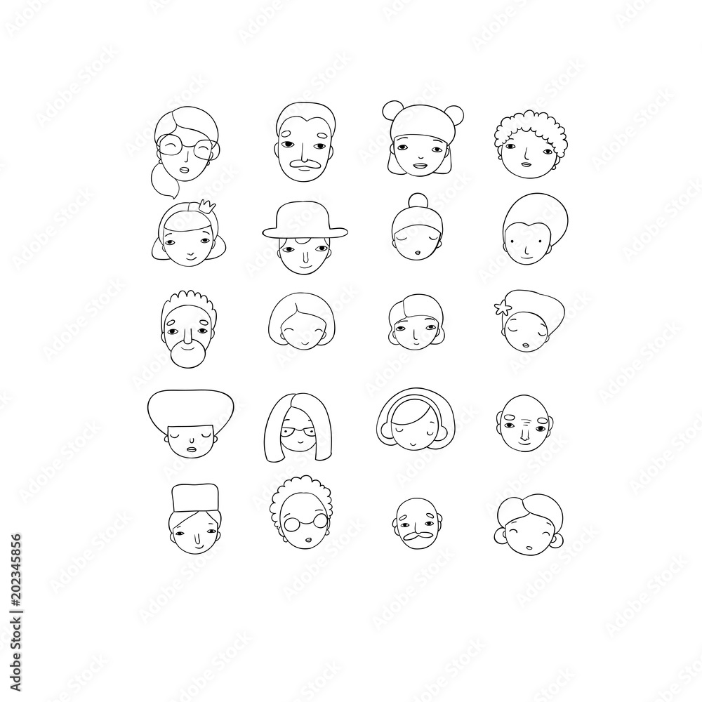 Different faces. Hand drawing isolated objects Different faces. Hand drawing isolated objects