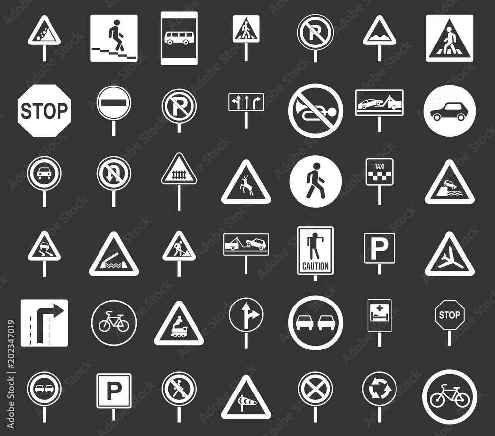 Road sings icon set vector white isolated on grey background Road sings icon set vector white isolated on grey background