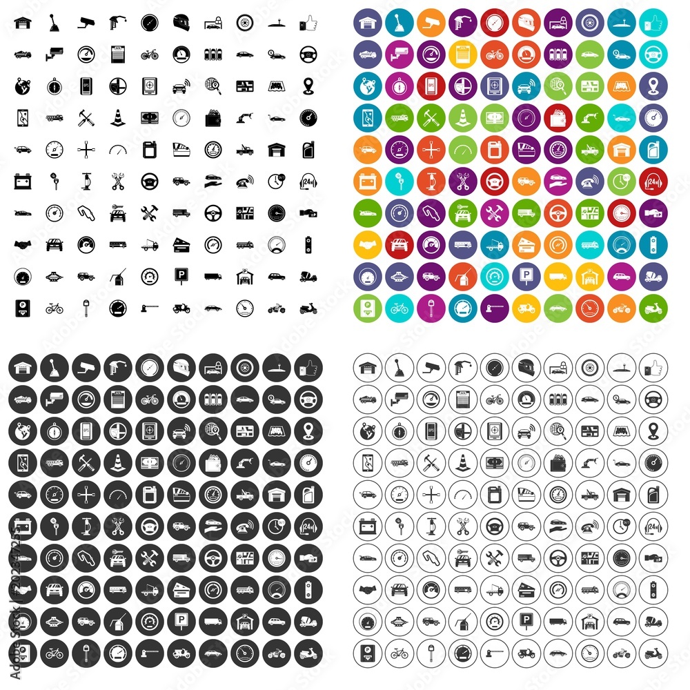 100 garage icons set vector in 4 variant for any web design isolated on white