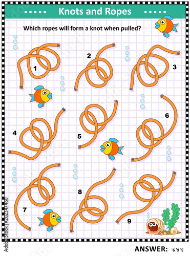 IQ training visual puzzle: Which of the ropes will form a knot when pulled by the ends? Answer included.
