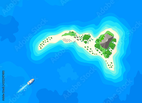 motor boat sailing to tropical island top aerial view