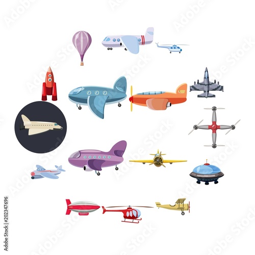 Aviation icons set in cartoon style isolated on white background