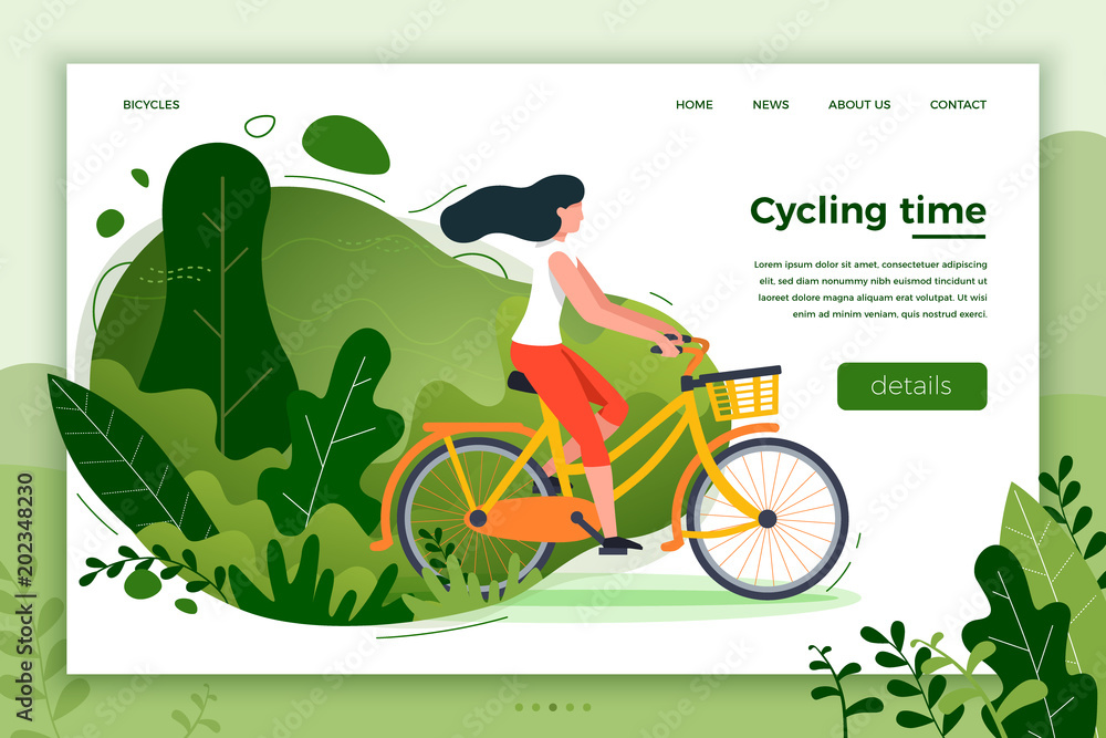 Fototapeta premium Vector illustration - bicycle riding girl. Park, forest, trees and hills on background. Banner, site, poster template with place for your text.