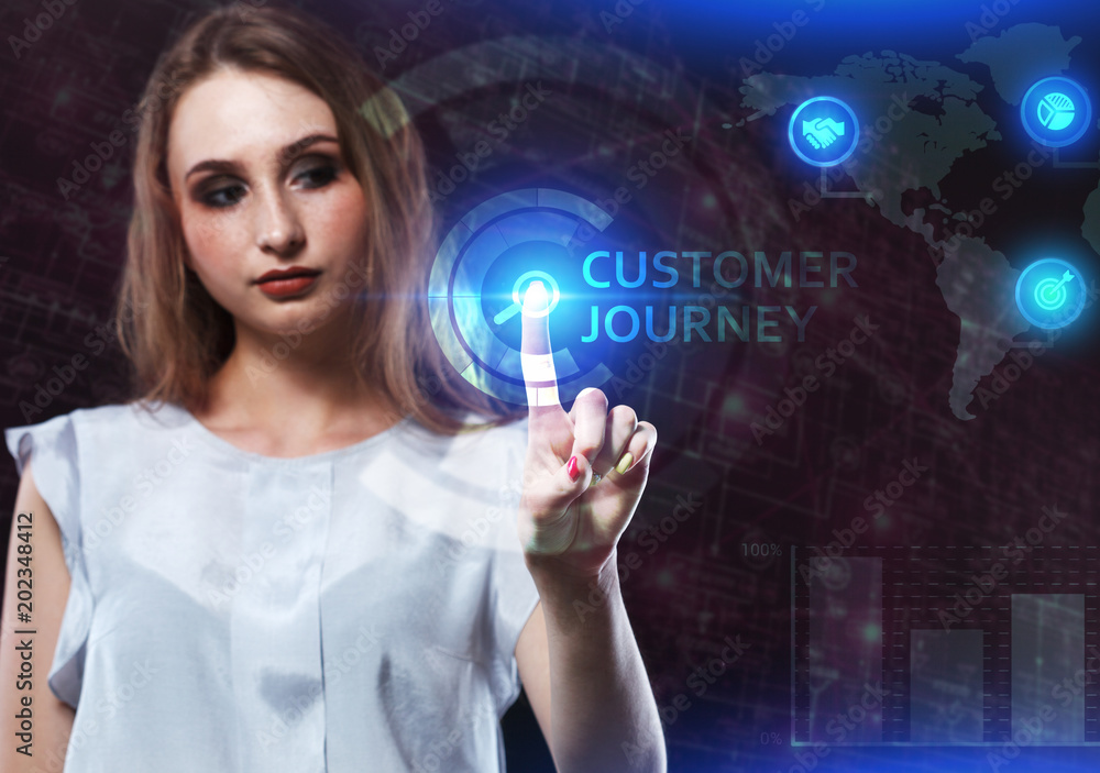 The concept of business, technology, the Internet and the network. A young entrepreneur working on a virtual screen of the future and sees the inscription: Customer journey The concept of business, technology, the Internet and the network. A young entrepreneur working on a virtual screen of the future and sees the inscription: Customer journey