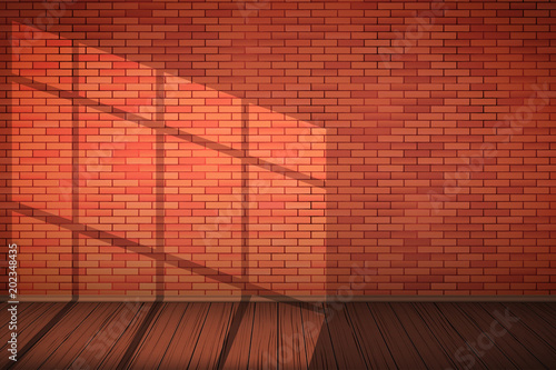Interior of red brick wall and wooden floor with sunlight. Vintage Rural room and fashion interior. Grunge Industrial Texture. Background of loft. Vector Illustration.
