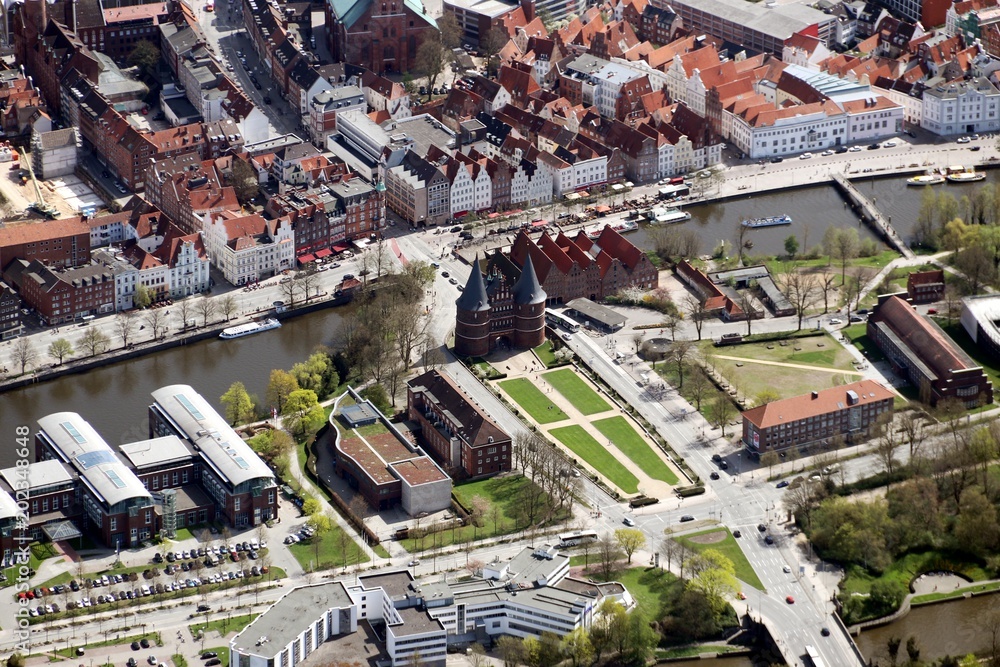 Aerial Picture of the Hanseatic City of Lübeck (Luebeck) – Holsten Gate - Germany