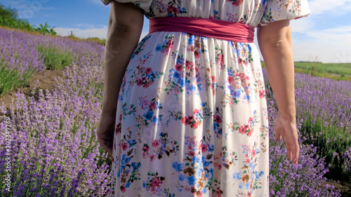 Wallpaper Mural Rear view closeup photo of young woman in long dress standing at lavender field Torontodigital.ca