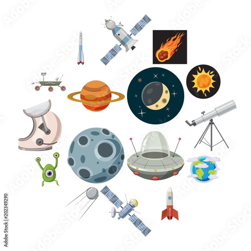 Space icons set in cartoon style isolated on white background