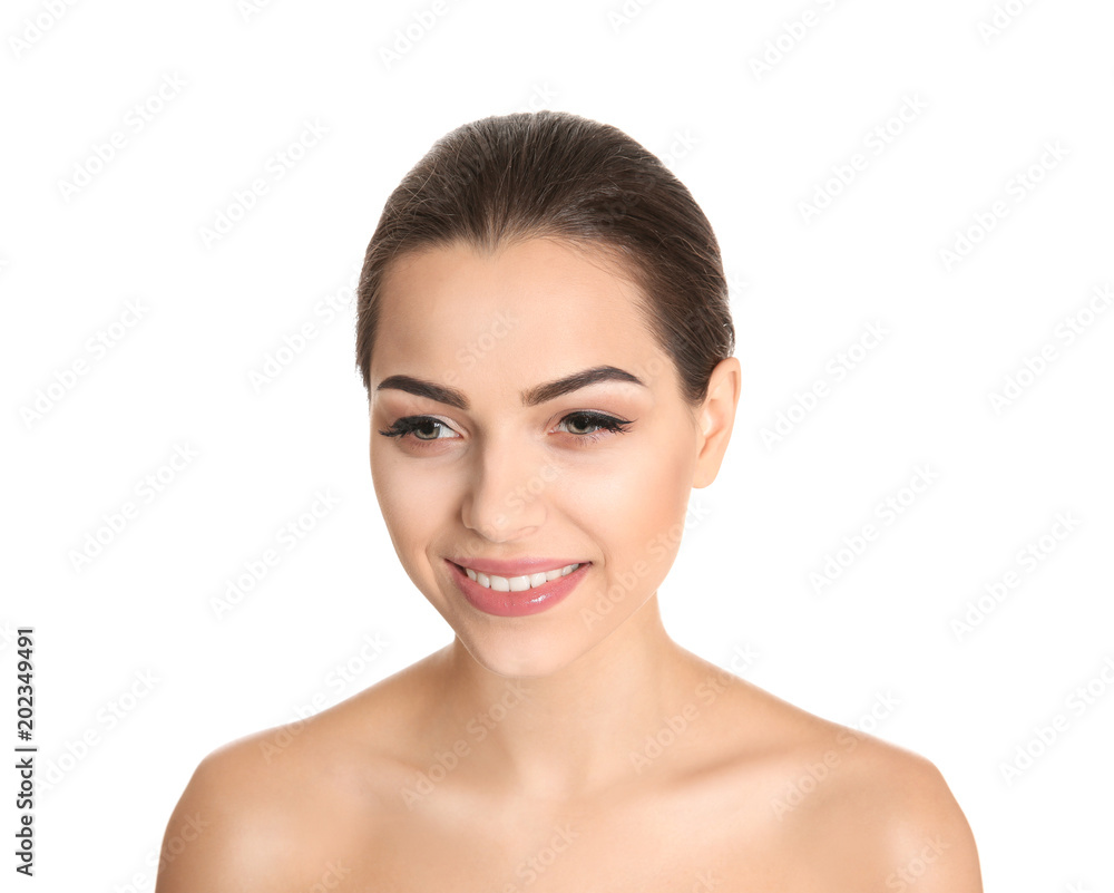 Young woman with beautiful makeup on white background. Professional cosmetic products Young woman with beautiful makeup on white background. Professional cosmetic products