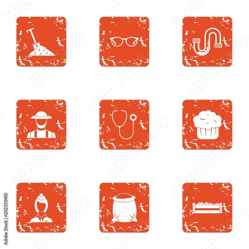 Garden labour icons set. Grunge set of 9 garden labour vector icons for web isolated on white background