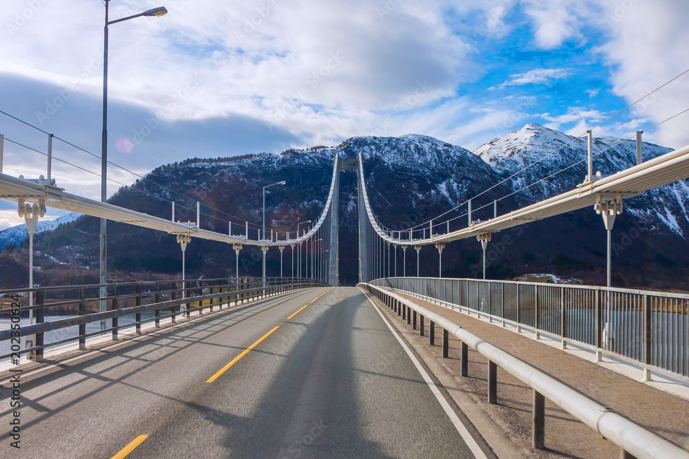 Modern bridge over islands in Norway.