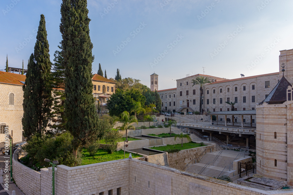 view of the Basilica of the Annunciation with the archaeology area, Nazareth, Israel